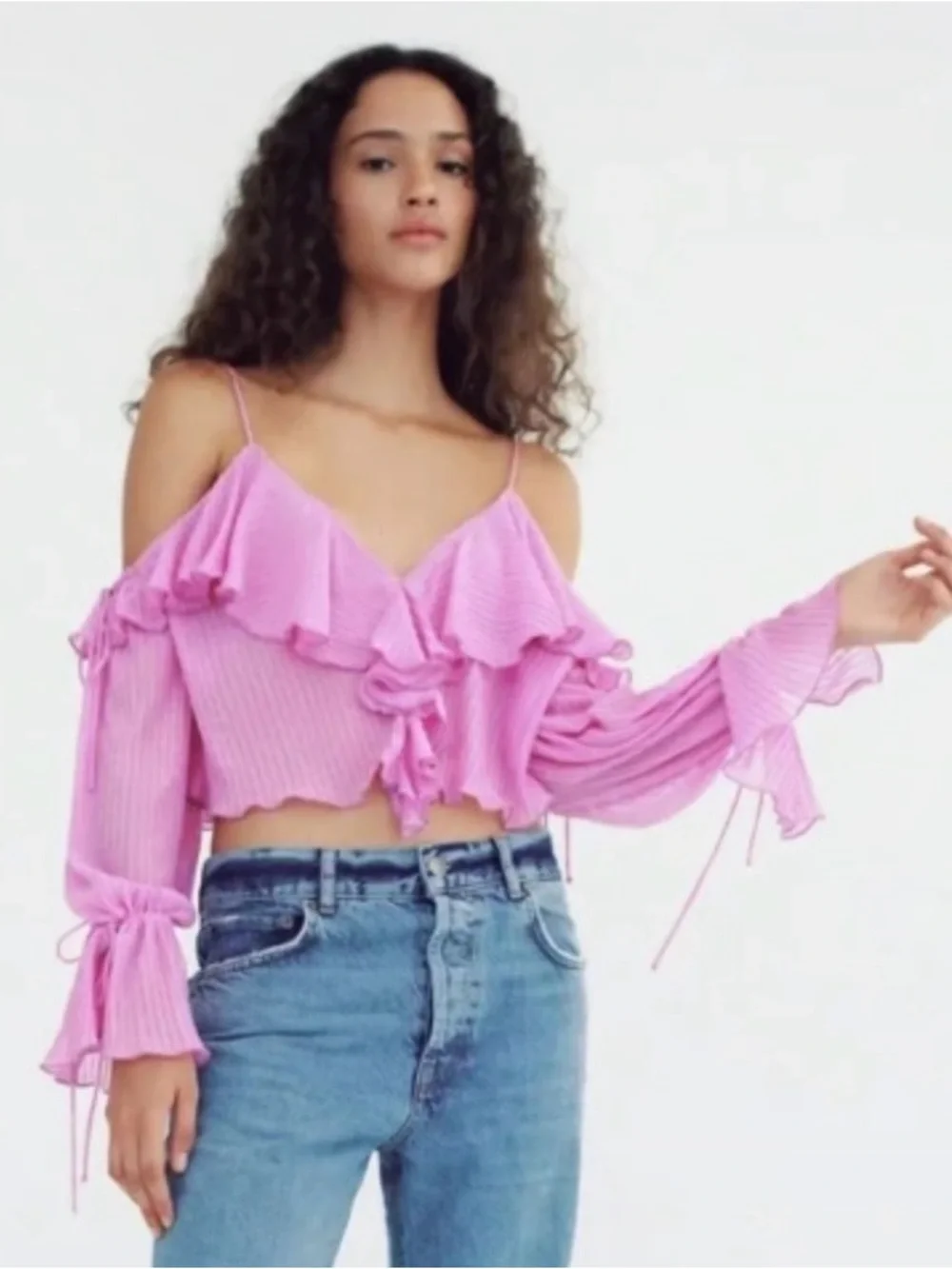 Zara Pink Off-Shoulder Ruffle‎ Crop Top